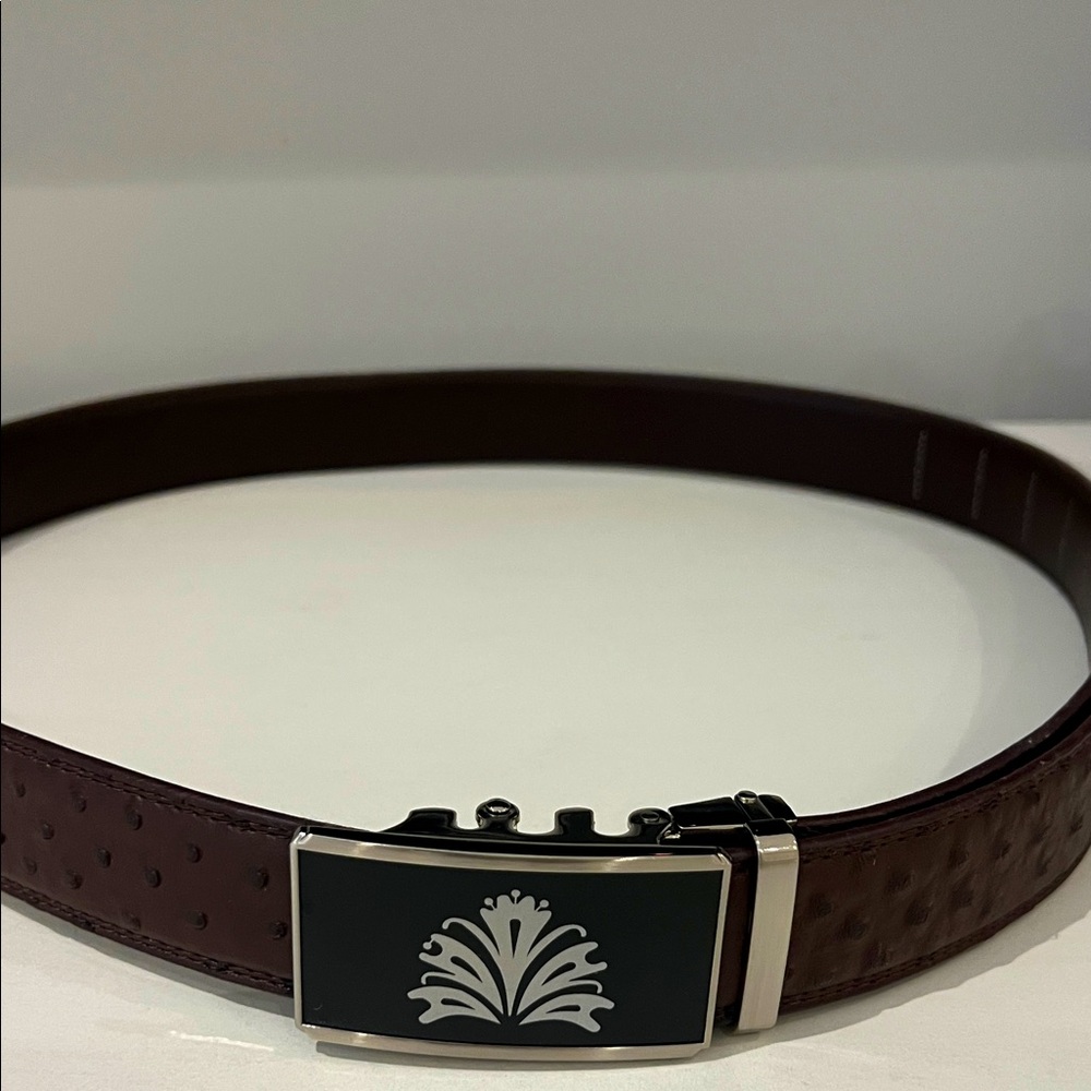 Men’s genuine brown leather ostrich print ratchet belt adjustable